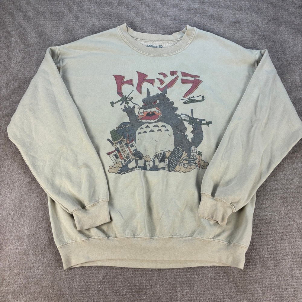 Popkiller Totoro Godzilla Mashup Graphic Sweatshirt Mens M Tan Crewneck USA